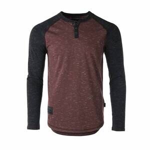 NEW ZIMEGO men's long sleeve arm contrast raglan henley t-shirt in maroon/black